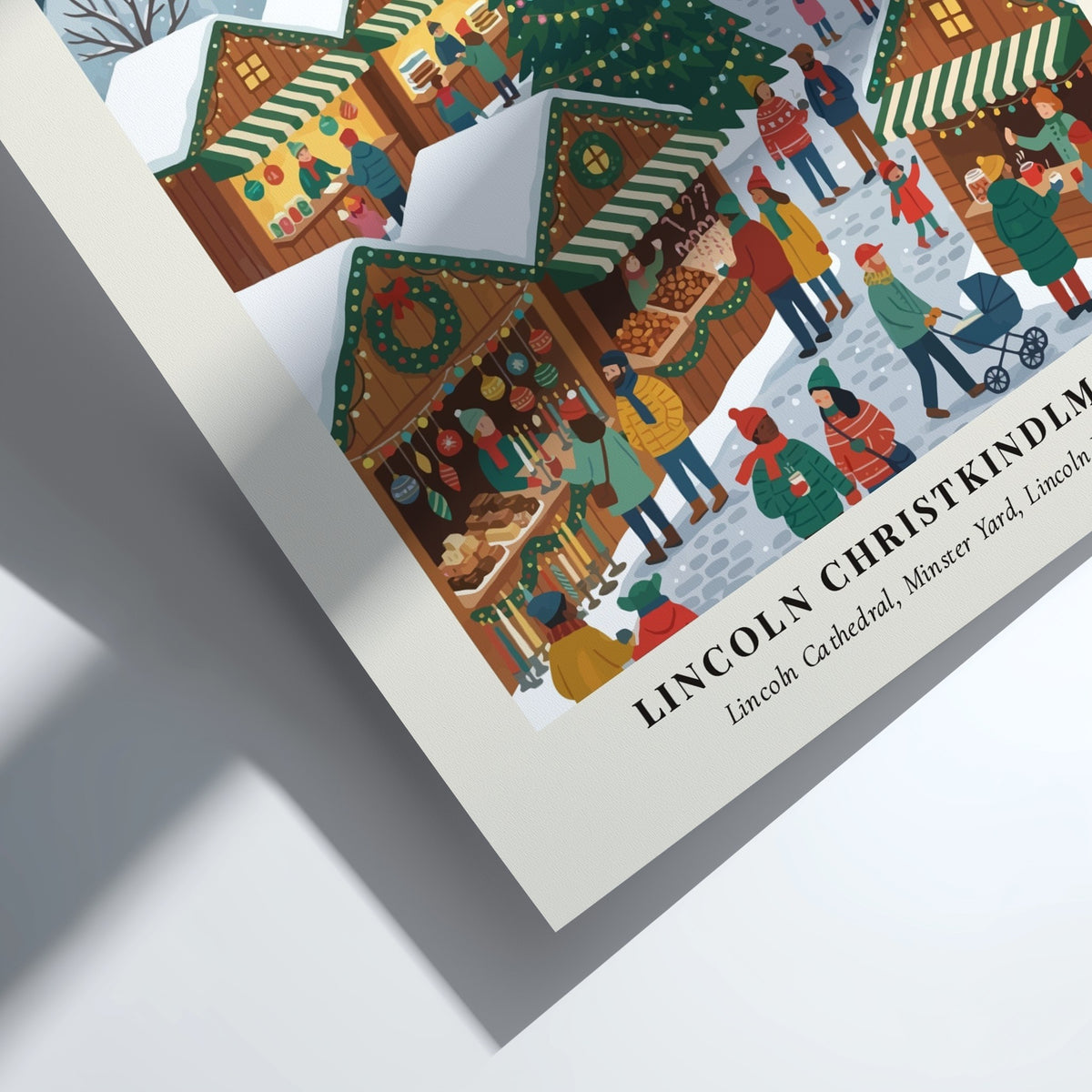 Poster featuring the Lincoln Christkindlmarkt with a large Christmas tree and snowy market stalls.