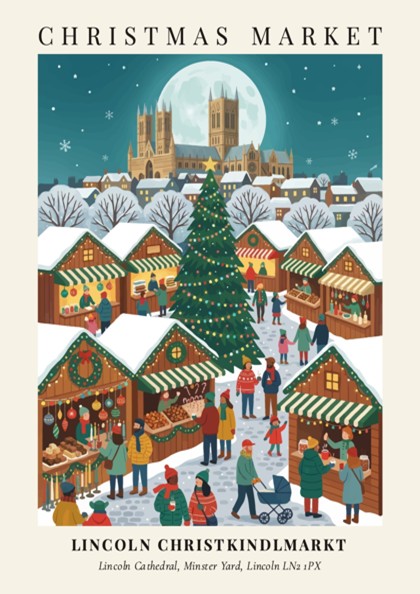 Poster featuring the Lincoln Christkindlmarkt with a large Christmas tree and snowy market stalls.