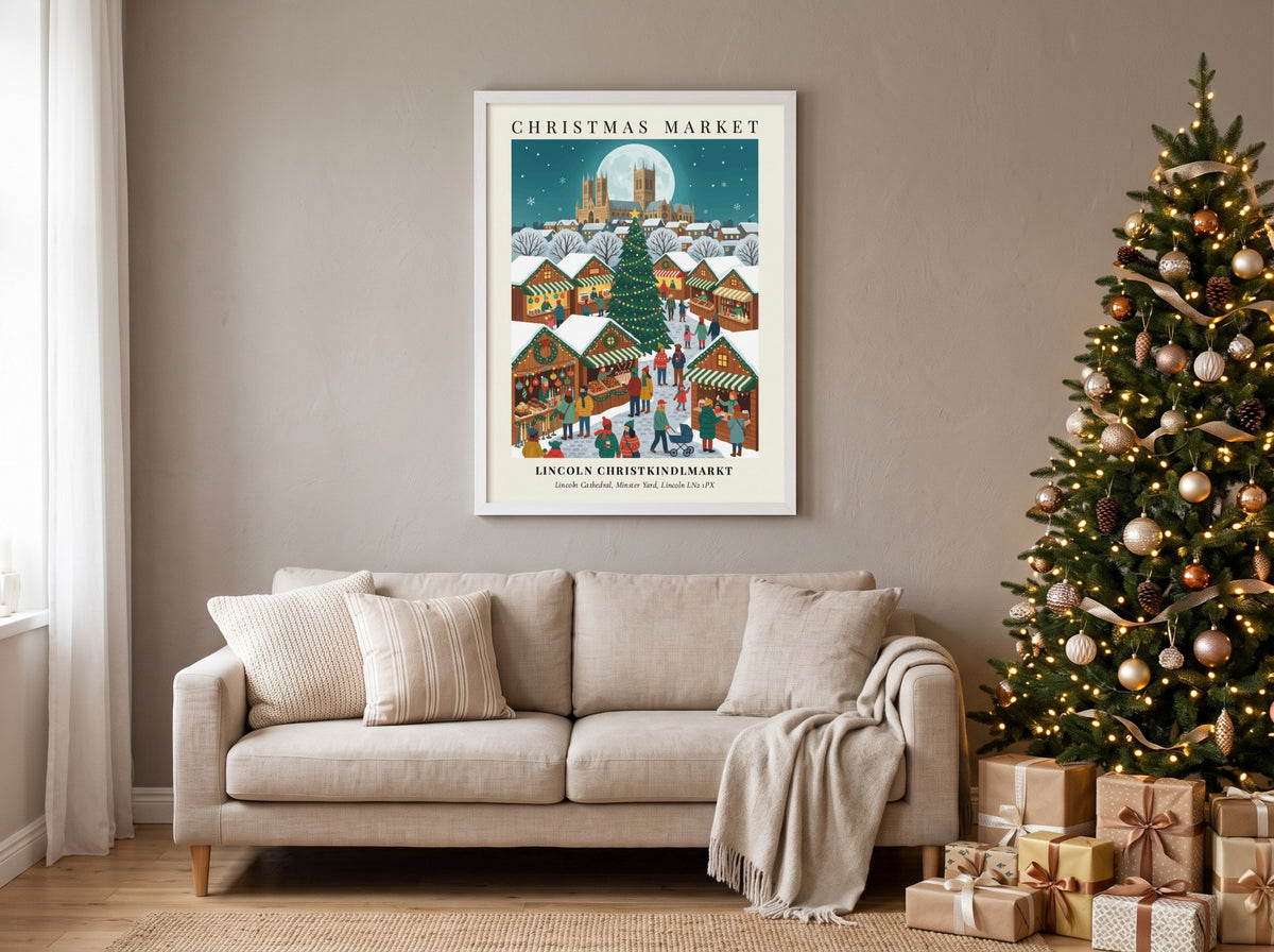 Poster featuring the Lincoln Christkindlmarkt with a large Christmas tree and snowy market stalls.