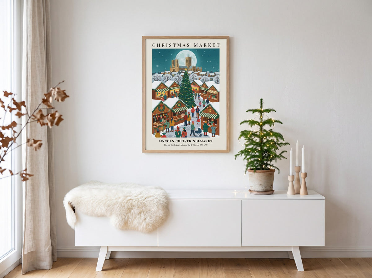Poster featuring the Lincoln Christkindlmarkt with a large Christmas tree and snowy market stalls.