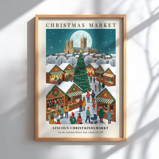 Poster featuring the Lincoln Christkindlmarkt with a large Christmas tree and snowy market stalls.