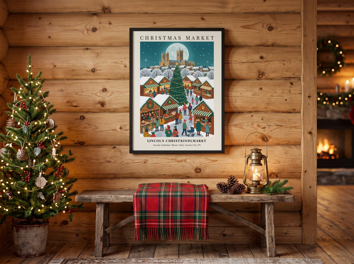 Poster featuring the Lincoln Christkindlmarkt with a large Christmas tree and snowy market stalls.