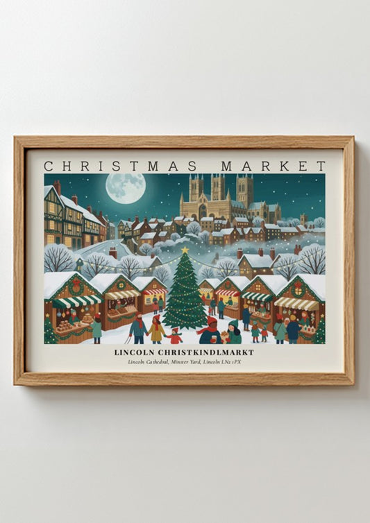 Christmas market poster featuring the Lincoln Christkindlmarkt with a snowy cathedral and tree.