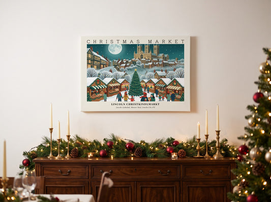 Christmas market poster featuring the Lincoln Christkindlmarkt with a snowy cathedral and tree.