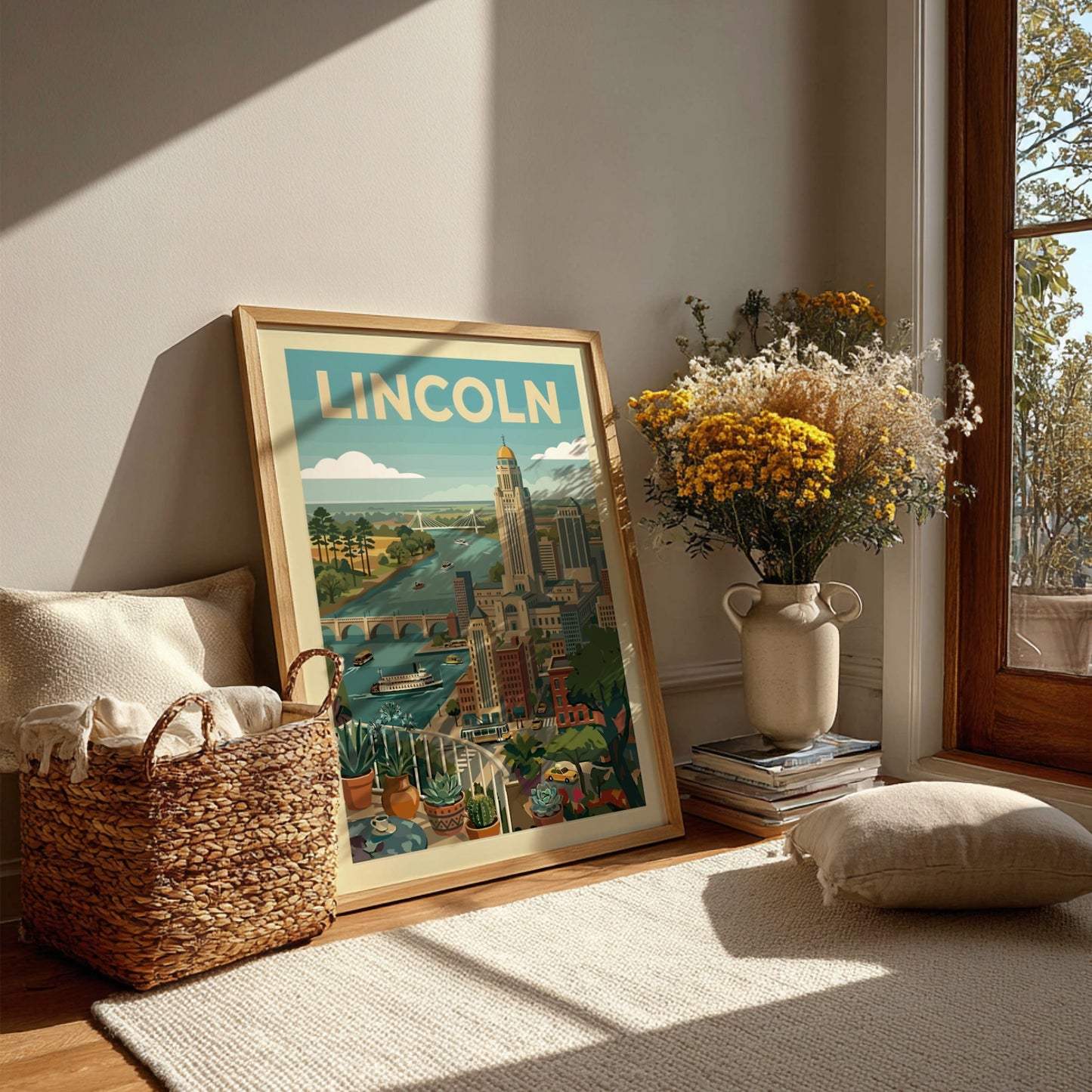 Mid-century modern art print of the Lincoln cityscape with a river and bridges, in a retro style.