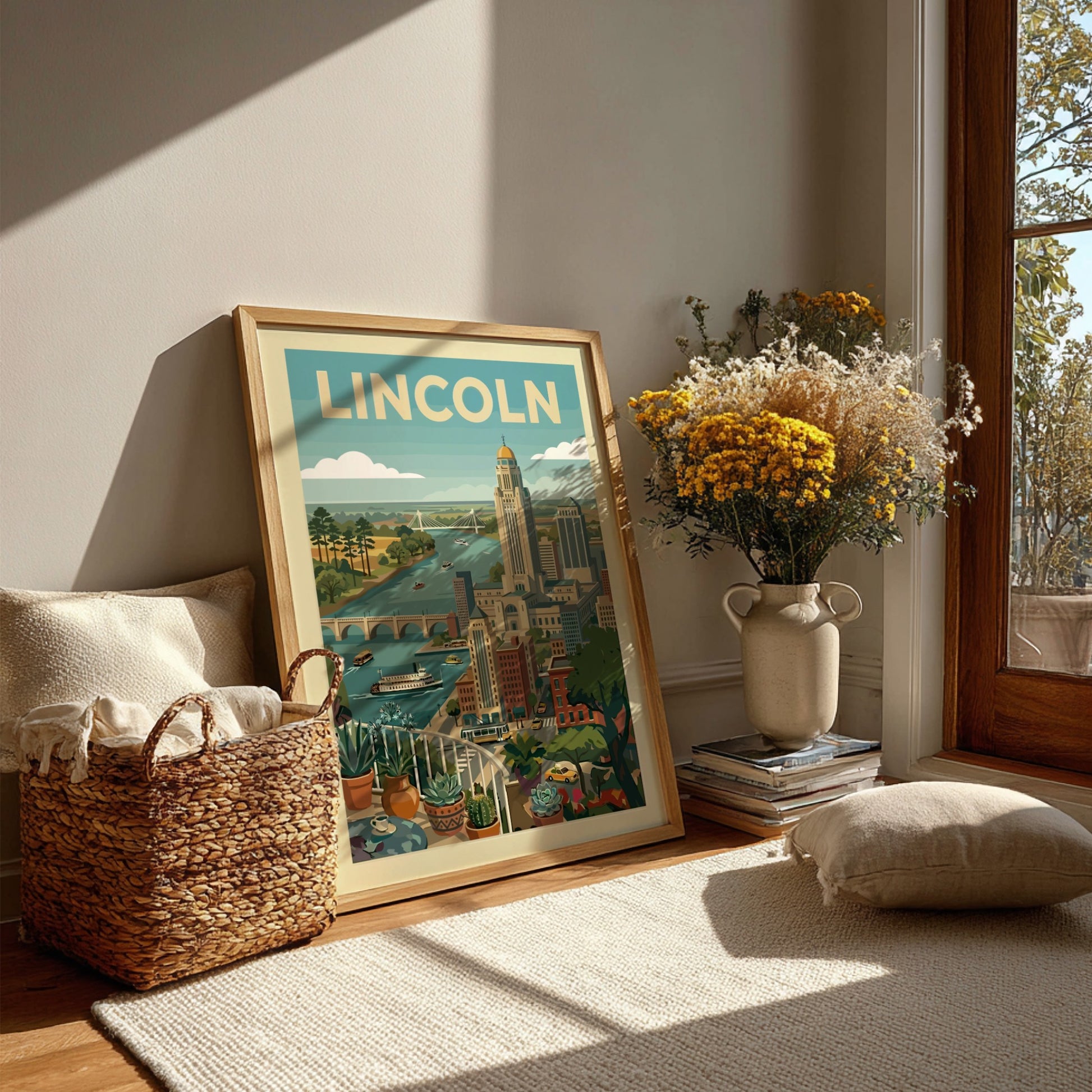 Mid-century modern art print of the Lincoln cityscape with a river and bridges, in a retro style.