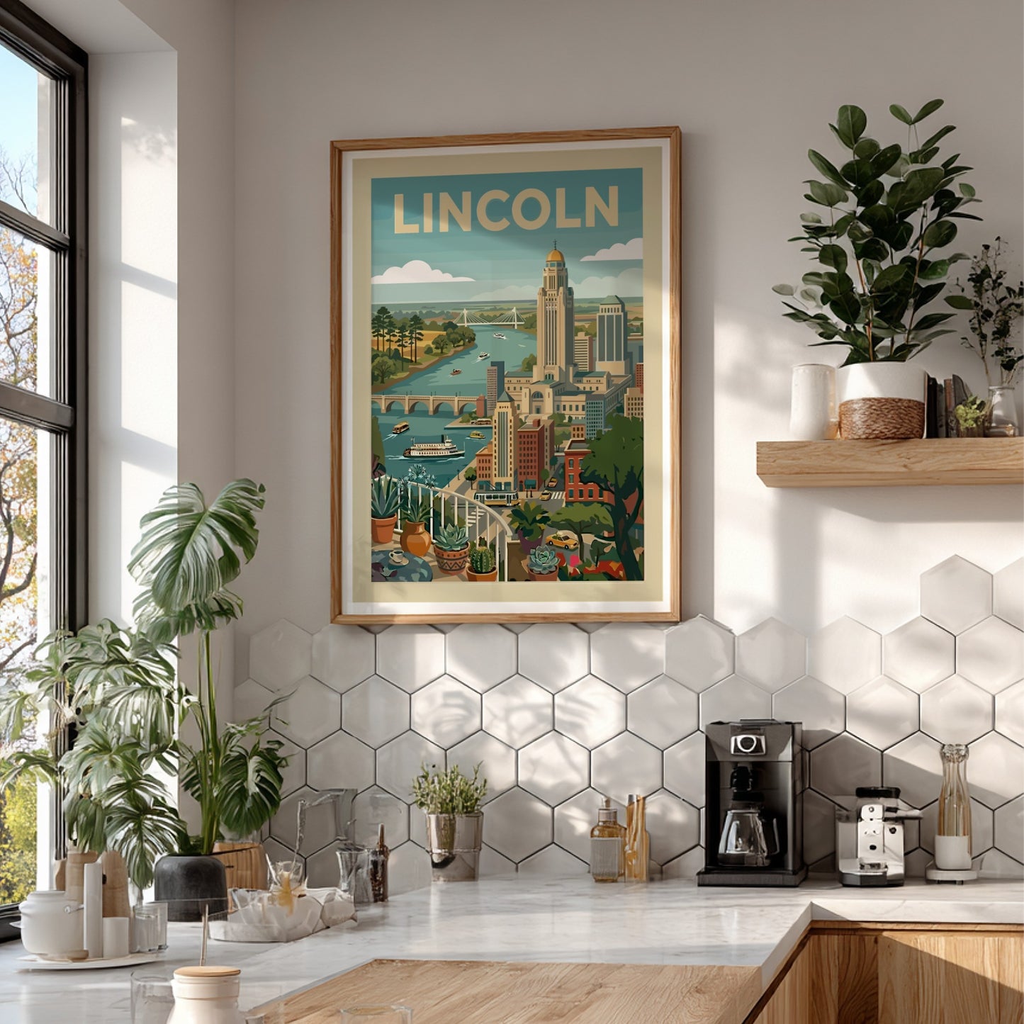 Mid-century modern art print of the Lincoln cityscape with a river and bridges, in a retro style.