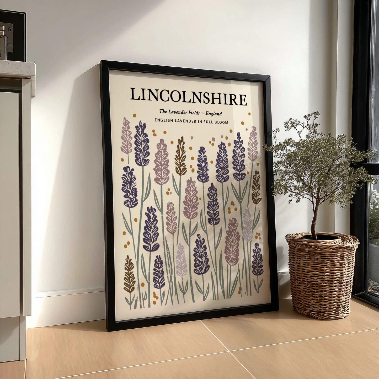 Kitchen poster featuring lavender fields in soft purples and greens, floral decor design for home