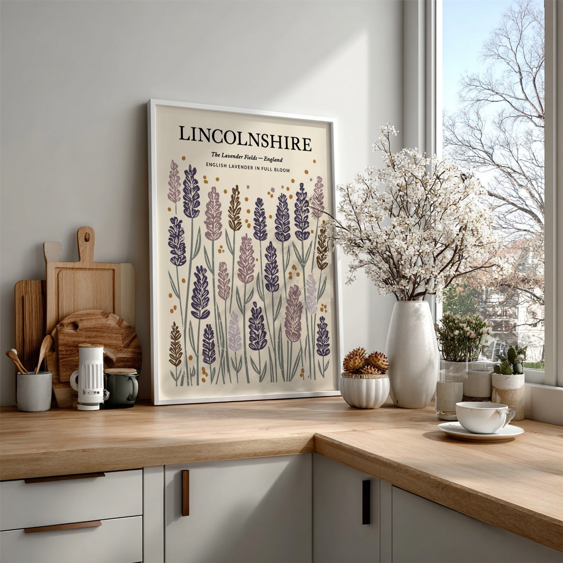 Kitchen poster featuring lavender fields in soft purples and greens, floral decor design for home