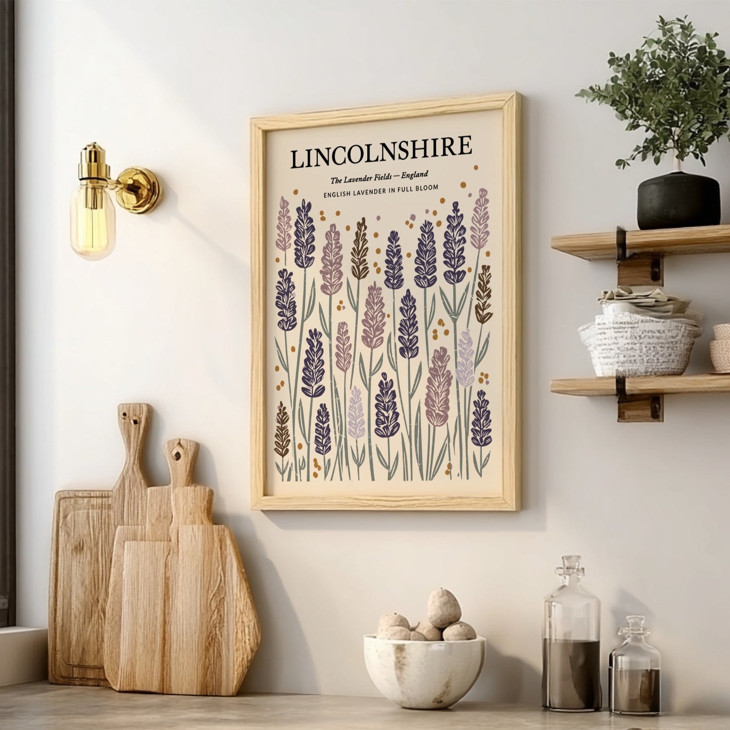 Kitchen poster featuring lavender fields in soft purples and greens, floral decor design for home