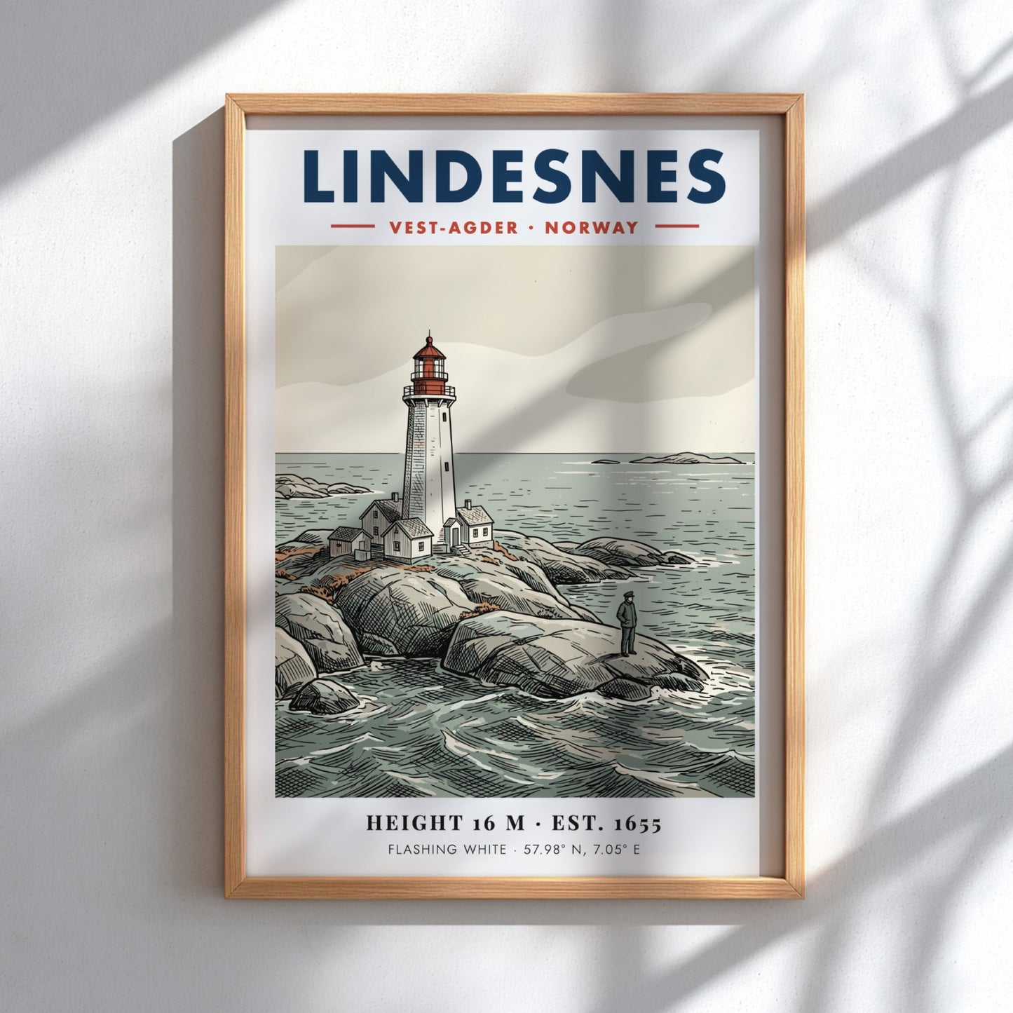 Poster of Lindesnes lighthouse in Norway with a lone figure on rocky shores.