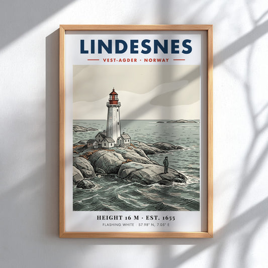 Poster of Lindesnes lighthouse in Norway with a lone figure on rocky shores.