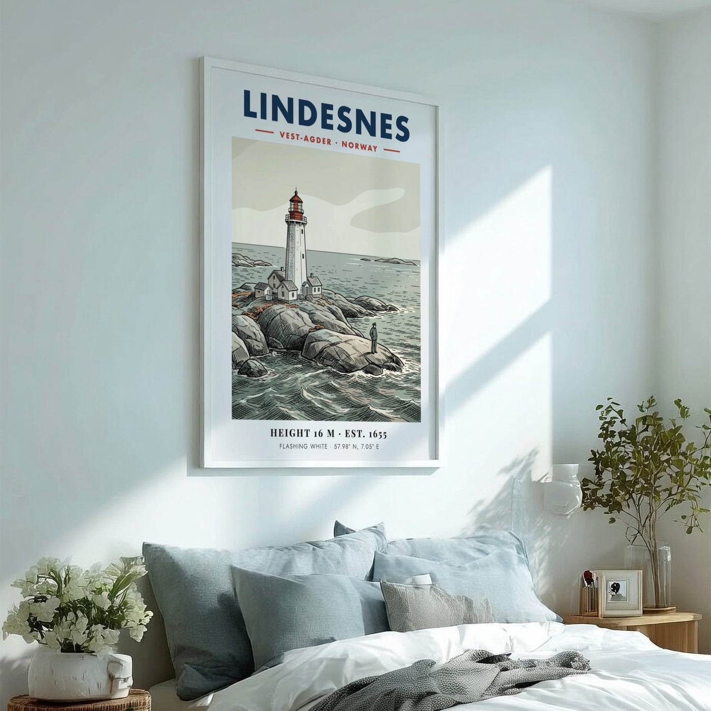 Poster of Lindesnes lighthouse in Norway with a lone figure on rocky shores.