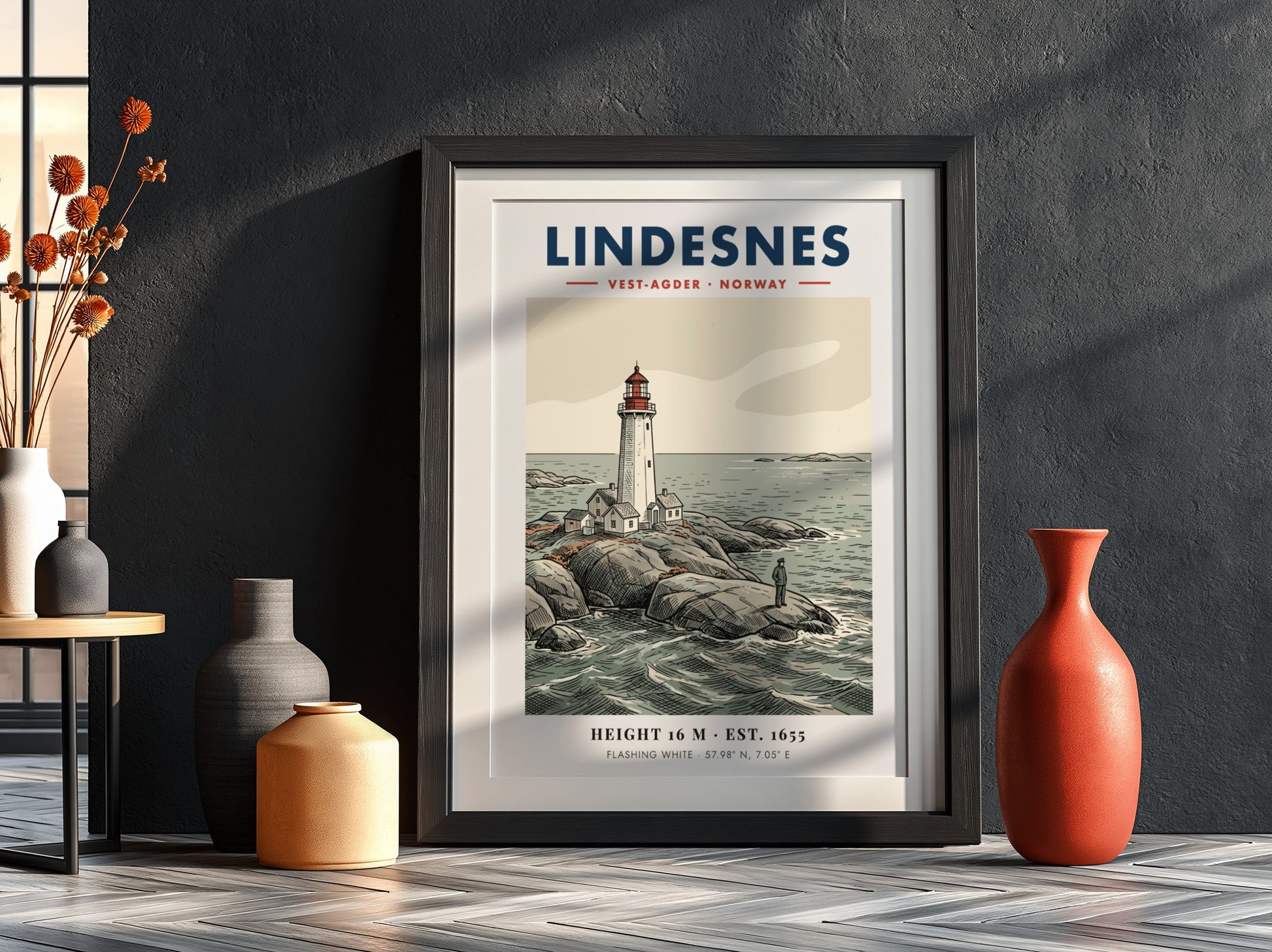Poster of Lindesnes lighthouse in Norway with a lone figure on rocky shores.
