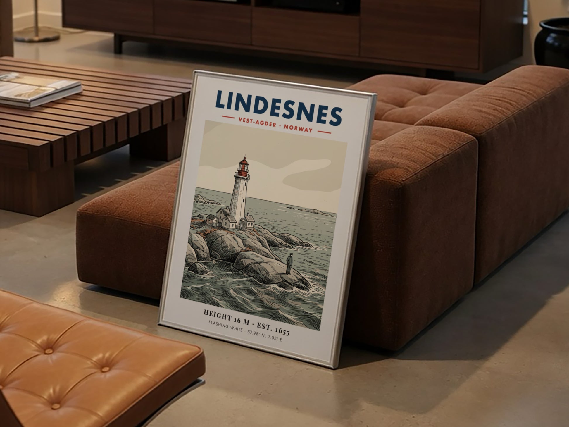 Poster of Lindesnes lighthouse in Norway with a lone figure on rocky shores.