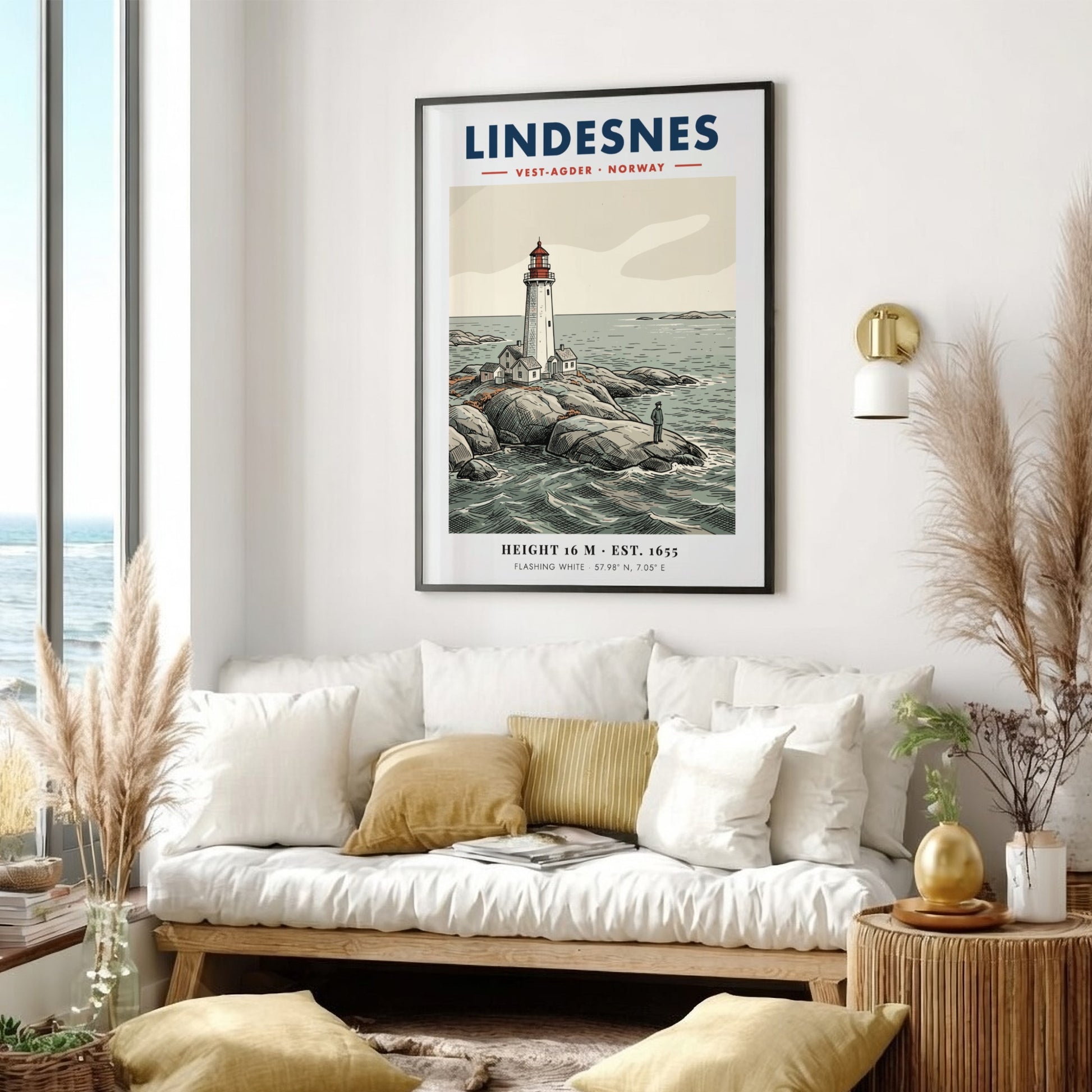 Poster of Lindesnes lighthouse in Norway with a lone figure on rocky shores.