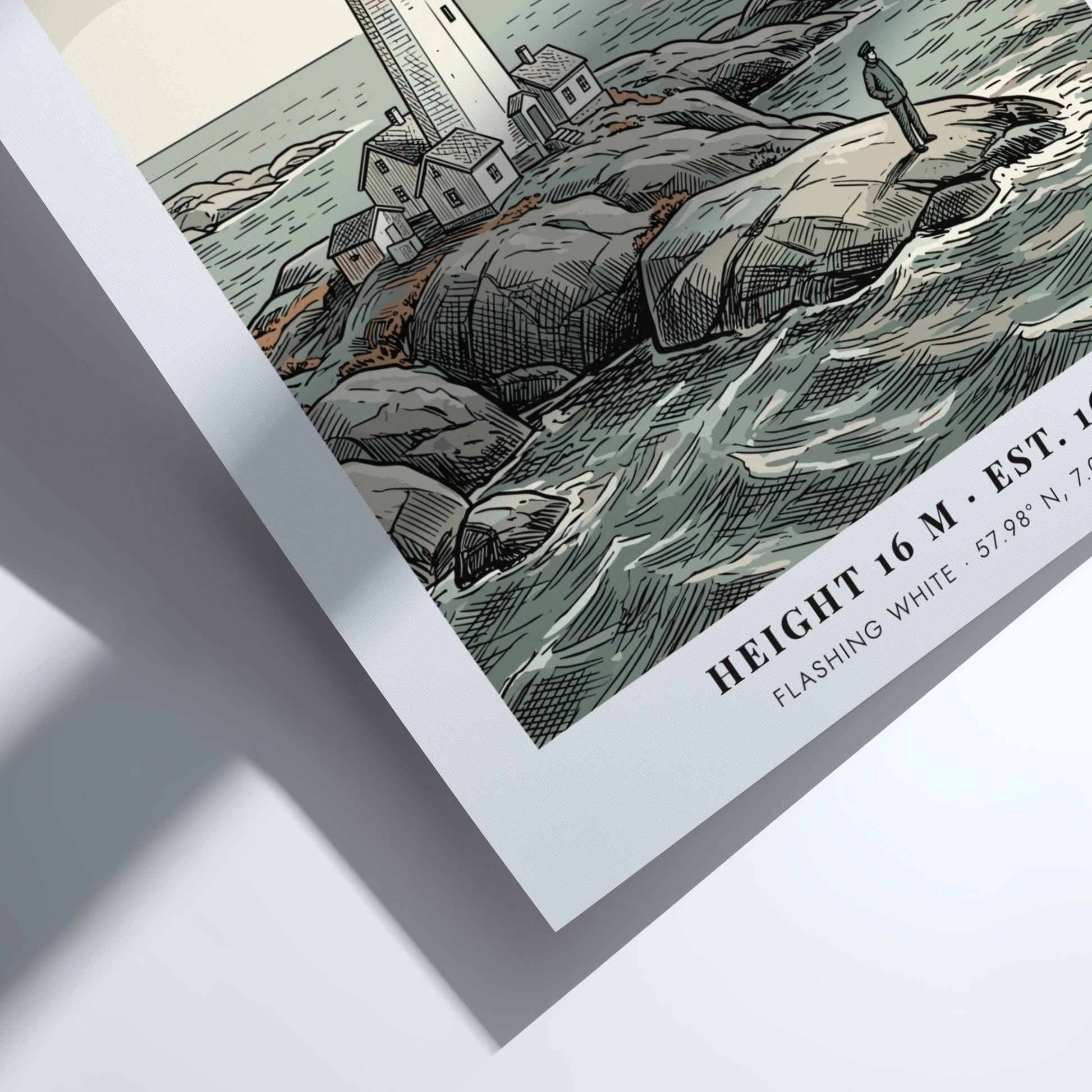 Poster of Lindesnes lighthouse in Norway with a lone figure on rocky shores.