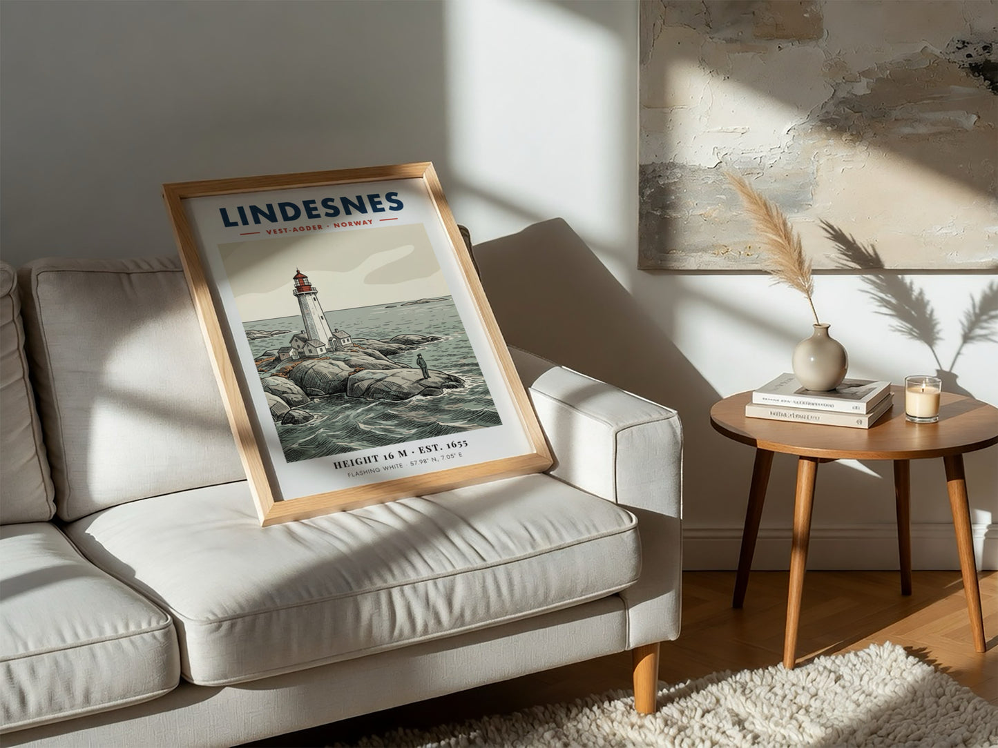Poster of Lindesnes lighthouse in Norway with a lone figure on rocky shores.