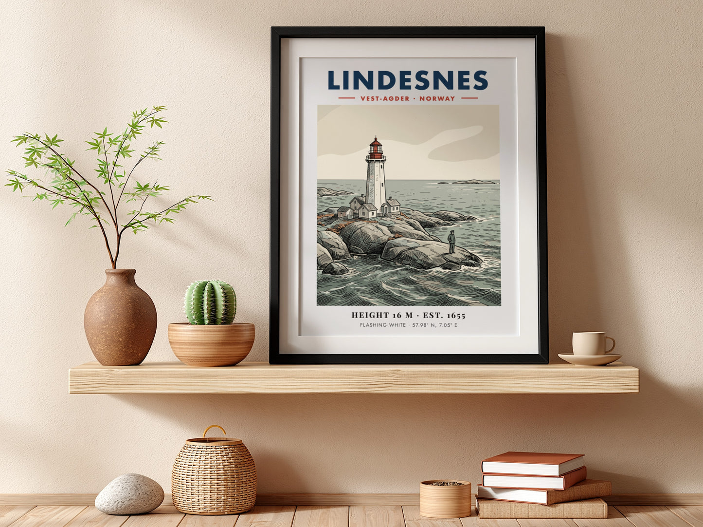 Poster of Lindesnes lighthouse in Norway with a lone figure on rocky shores.