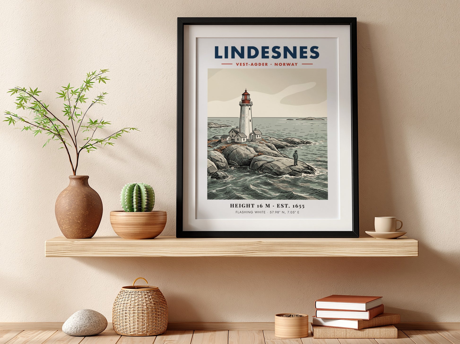 Poster of Lindesnes lighthouse in Norway with a lone figure on rocky shores.