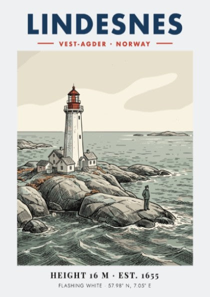 Poster of Lindesnes lighthouse in Norway with a lone figure on rocky shores.