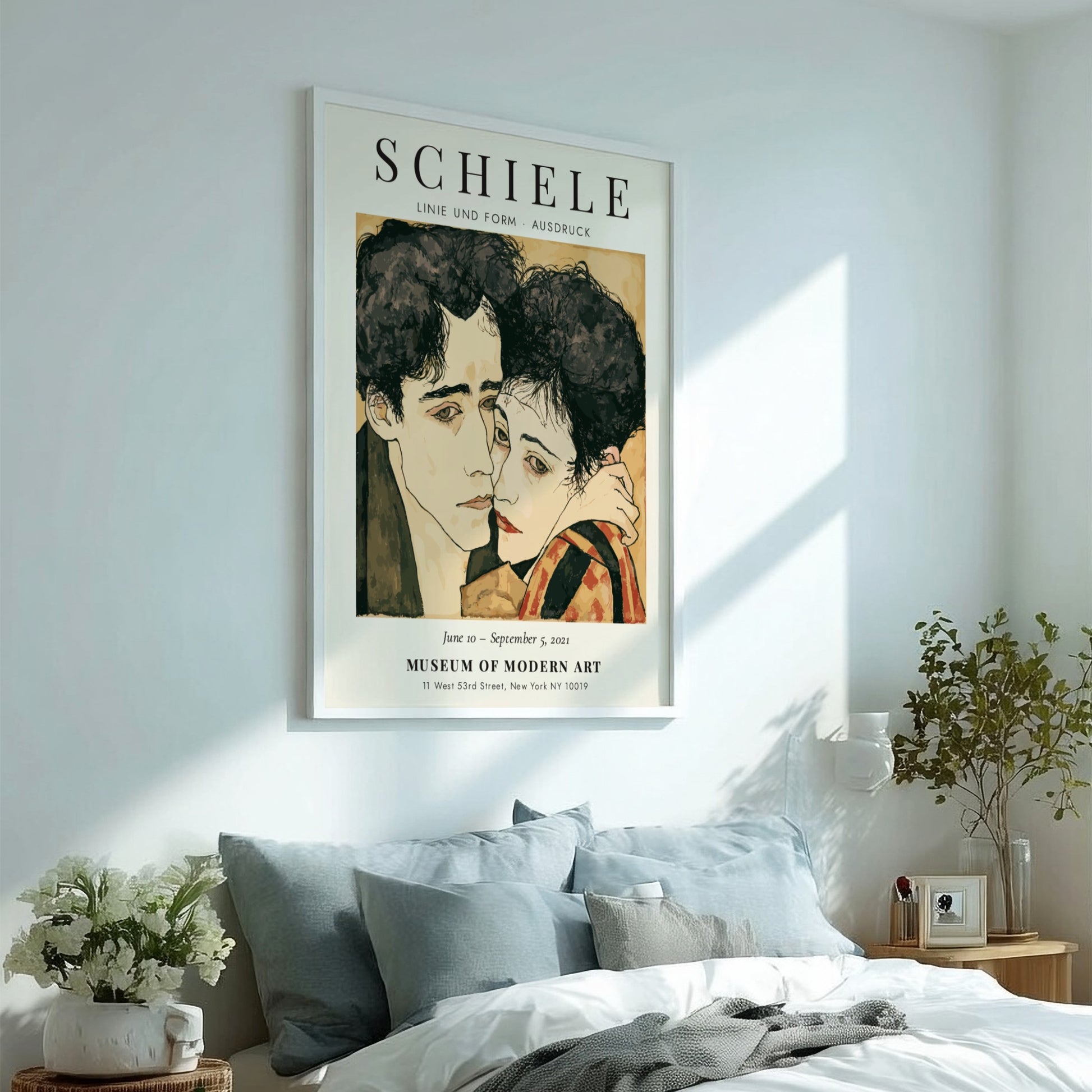 Egon Schiele exhibition poster featuring expressive lines and muted colors in Linie und Form Ausdruck
