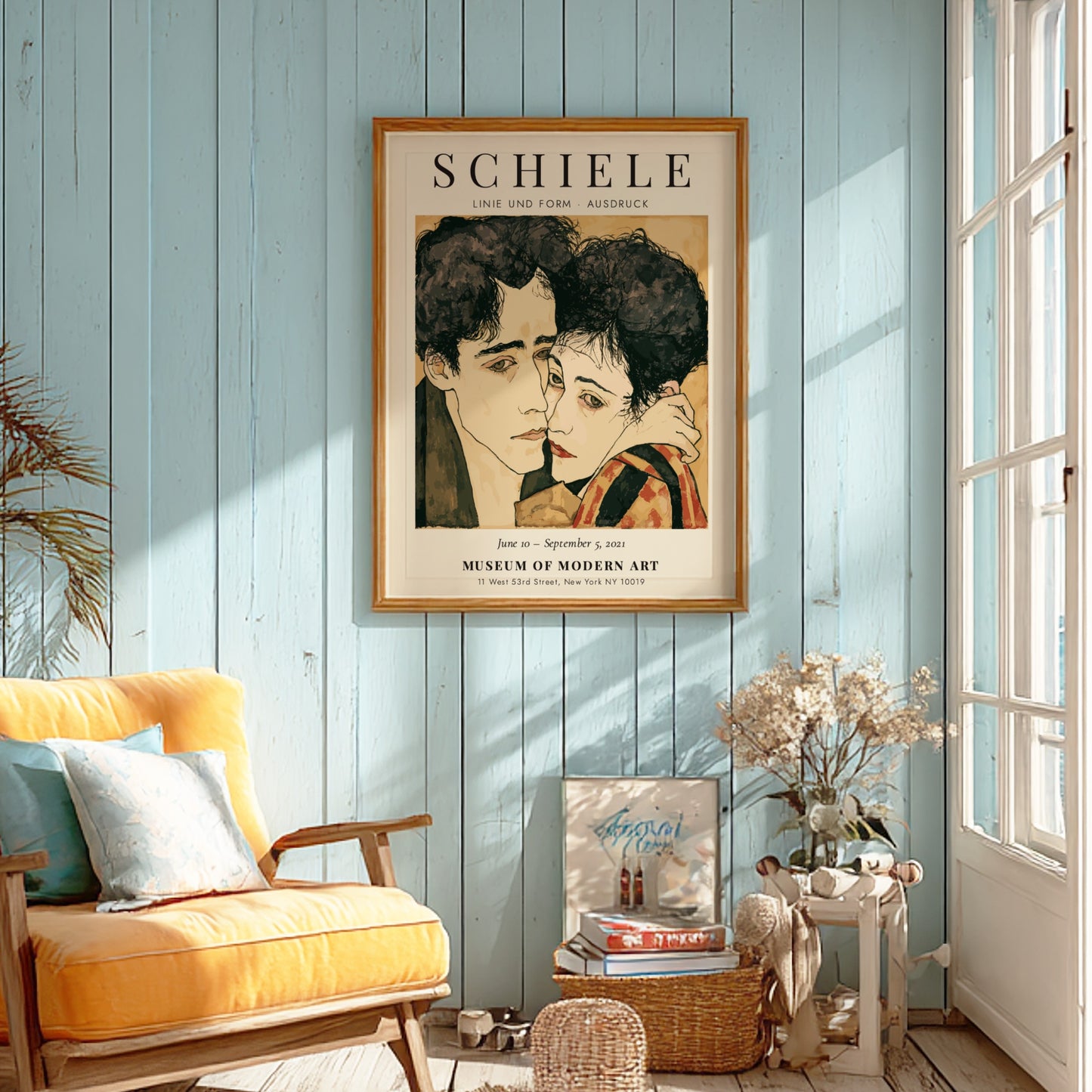 Egon Schiele exhibition poster featuring expressive lines and muted colors in Linie und Form Ausdruck