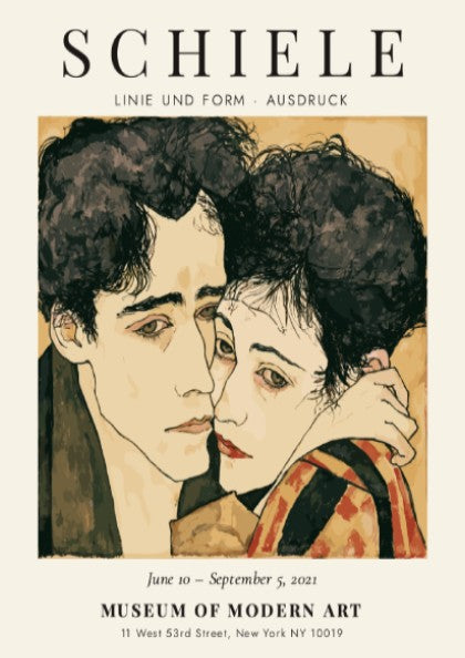 Egon Schiele exhibition poster featuring expressive lines and muted colors in Linie und Form Ausdruck
