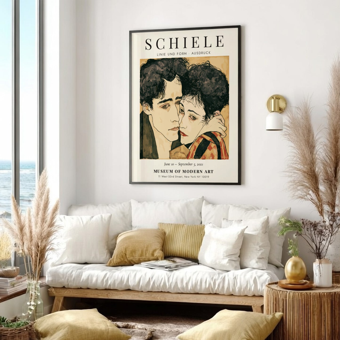 Egon Schiele exhibition poster featuring expressive lines and muted colors in Linie und Form Ausdruck
