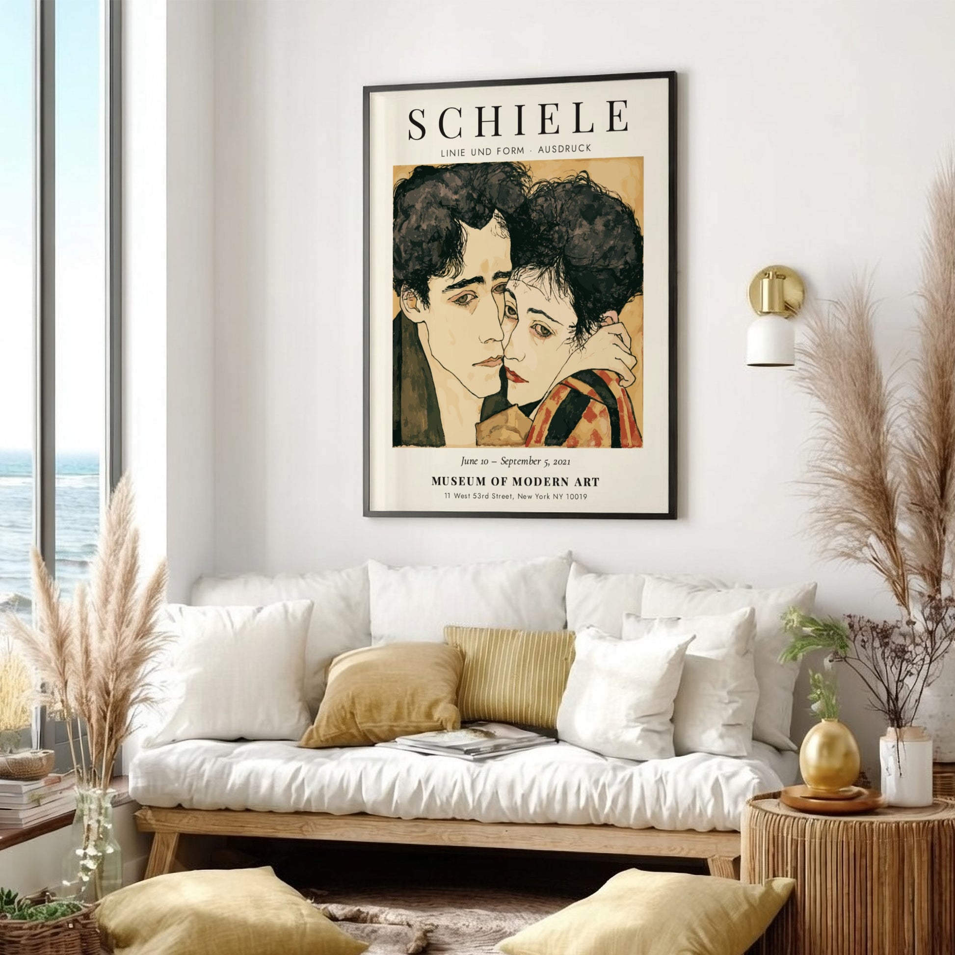 Egon Schiele exhibition poster featuring expressive lines and muted colors in Linie und Form Ausdruck