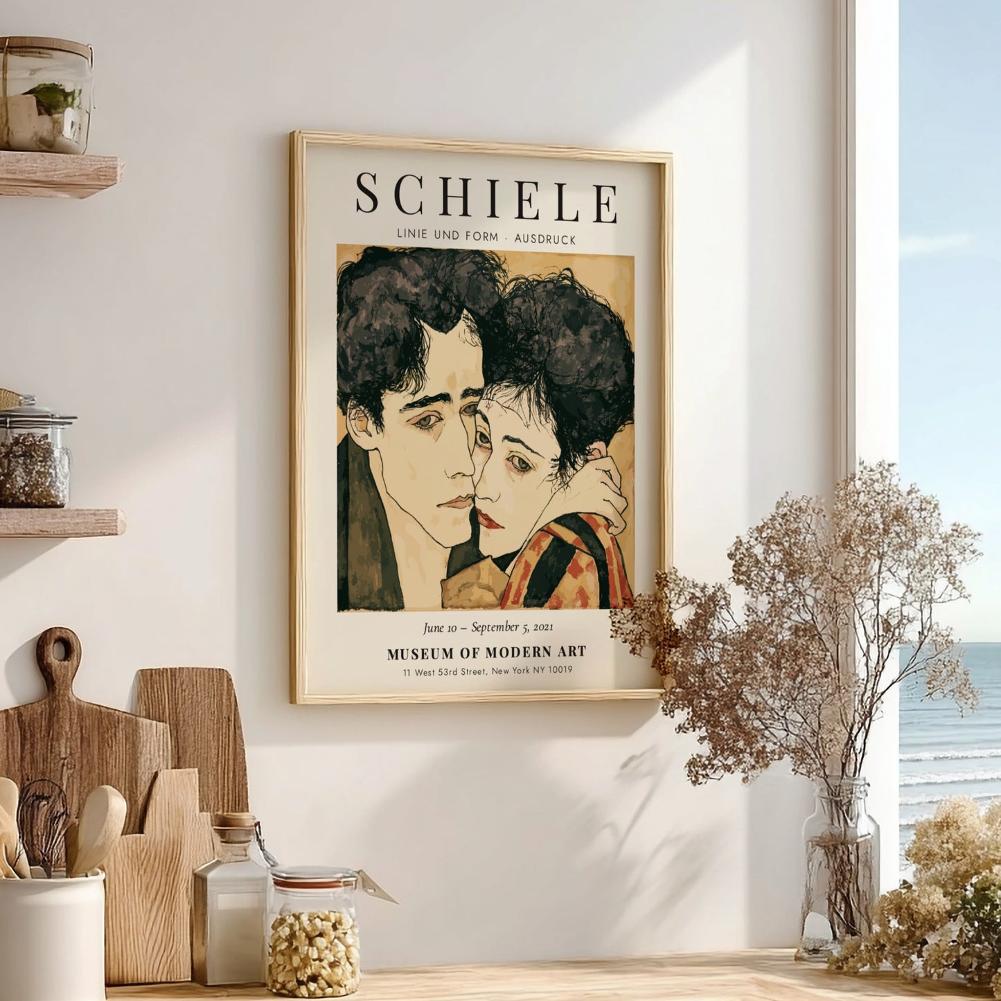 Egon Schiele exhibition poster featuring expressive lines and muted colors in Linie und Form Ausdruck