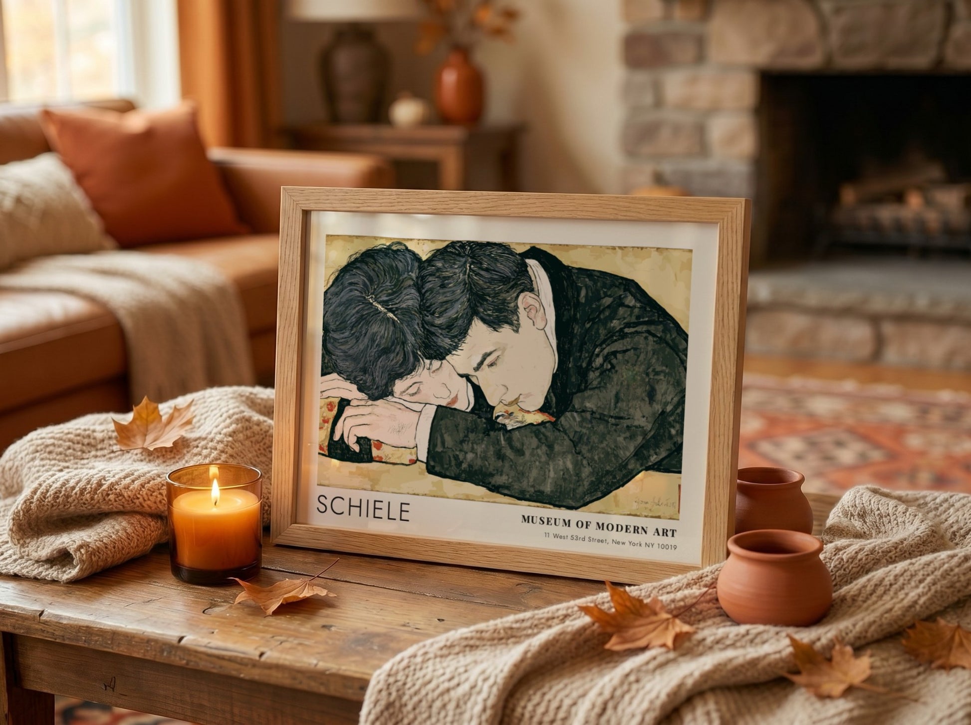 Wall art poster featuring Egon Schiele couple illustration in a wooden frame hanging