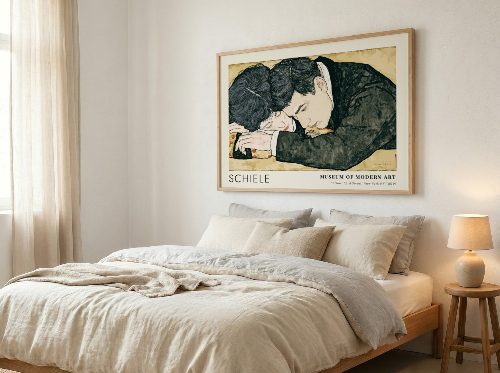 Wall art poster featuring Egon Schiele couple illustration in a wooden frame hanging