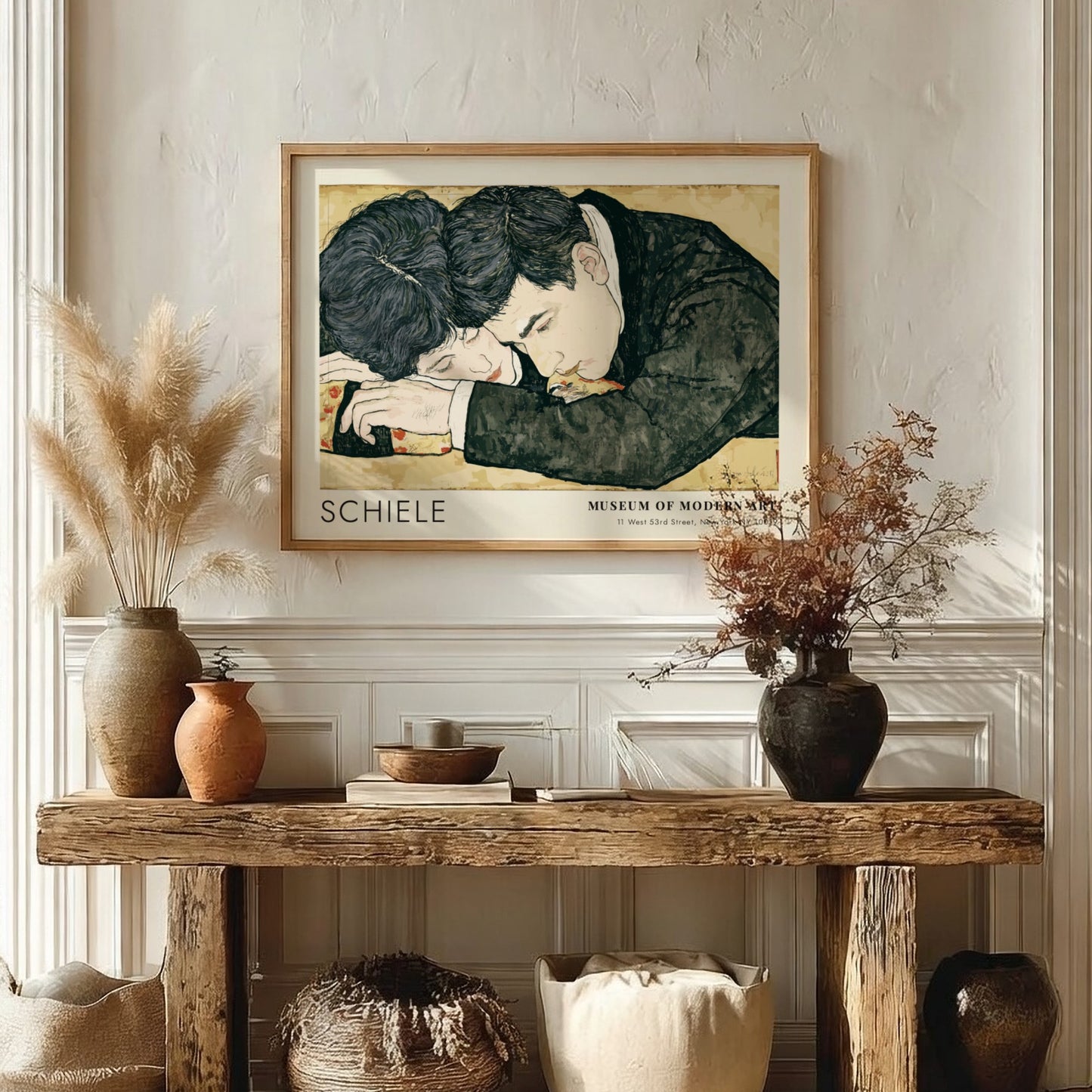 Wall art poster featuring Egon Schiele couple illustration in a wooden frame hanging