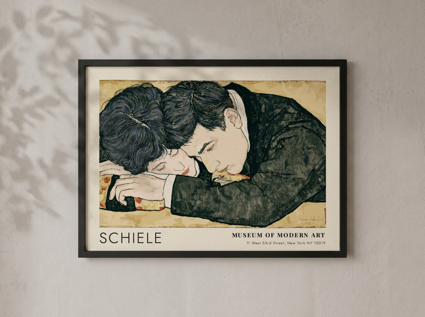 Wall art poster featuring Egon Schiele couple illustration in a wooden frame hanging