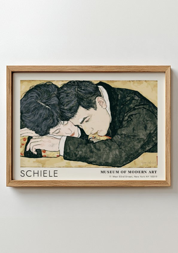 Wall art poster featuring Egon Schiele couple illustration in a wooden frame hanging