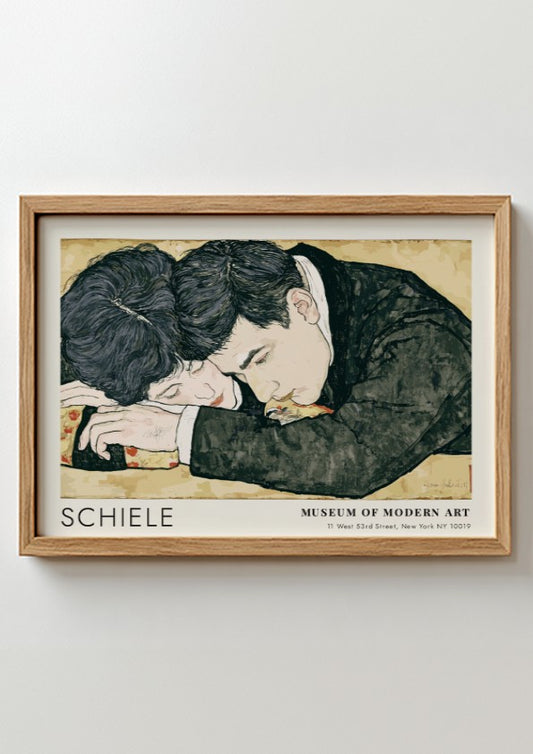 Wall art poster featuring Egon Schiele couple illustration in a wooden frame hanging