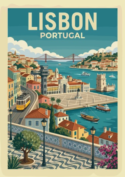 Lisbon travel poster featuring a vintage illustration of the city's waterfront, tram, and architecture.