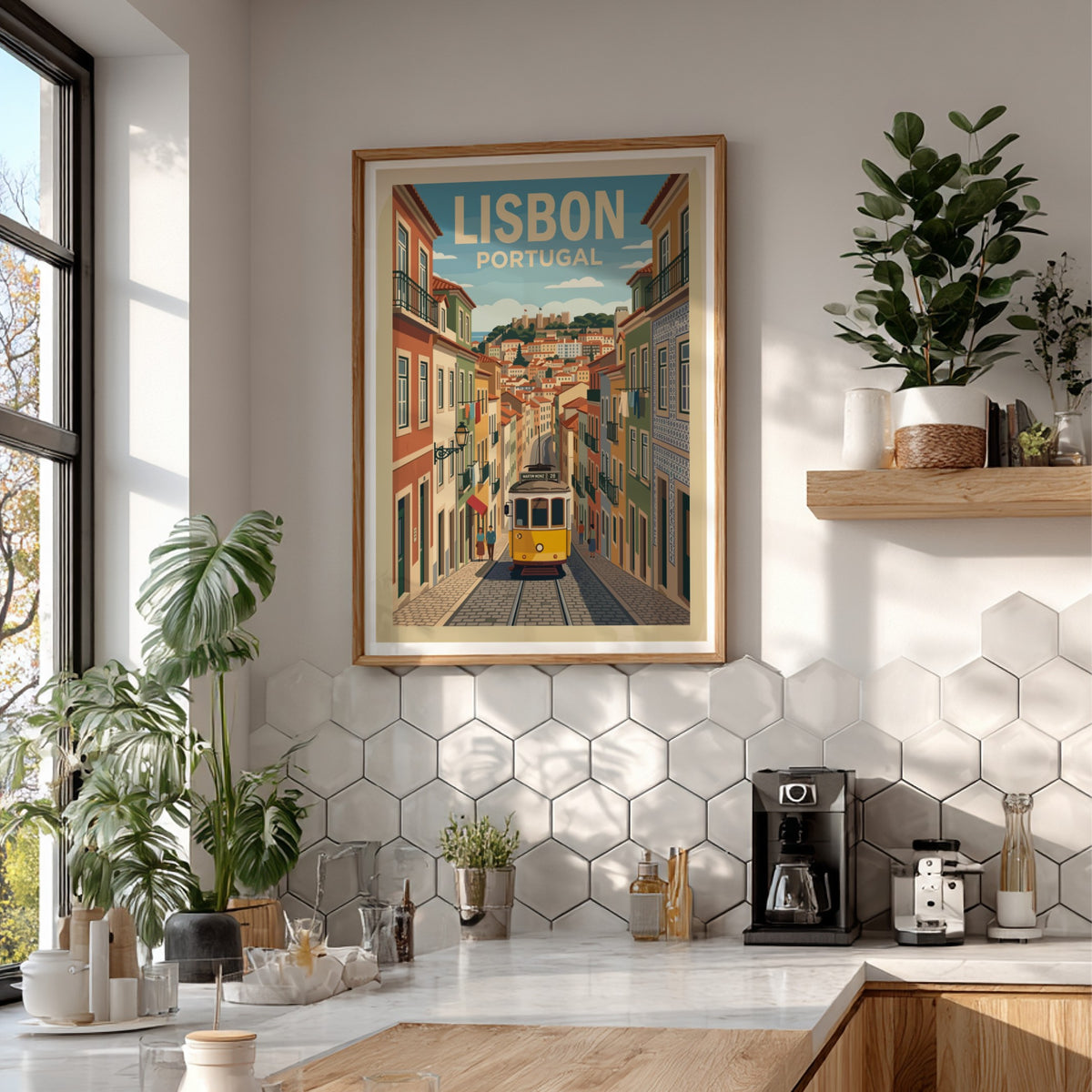 Lisbon Portugal travel poster featuring a yellow tram on a cobblestone street scene
