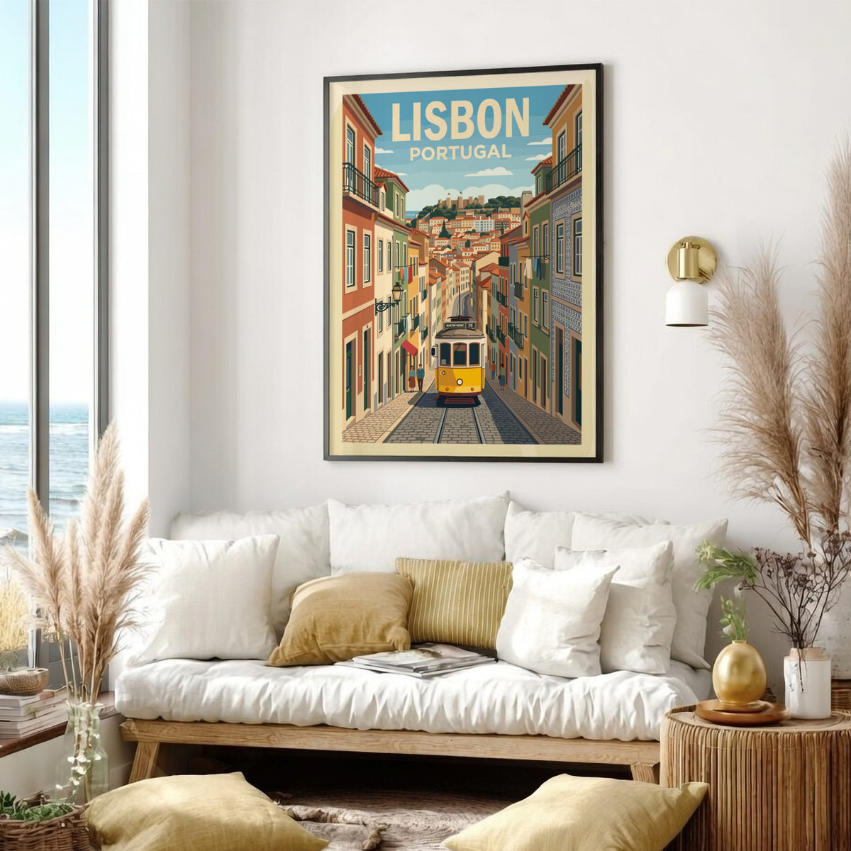 Lisbon Portugal travel poster featuring a yellow tram on a cobblestone street scene