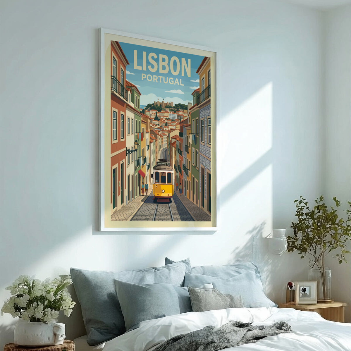 Lisbon Portugal travel poster featuring a yellow tram on a cobblestone street scene