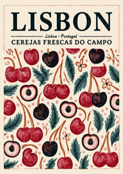Kitchen poster featuring vibrant cherries and greenery in red and green colors.