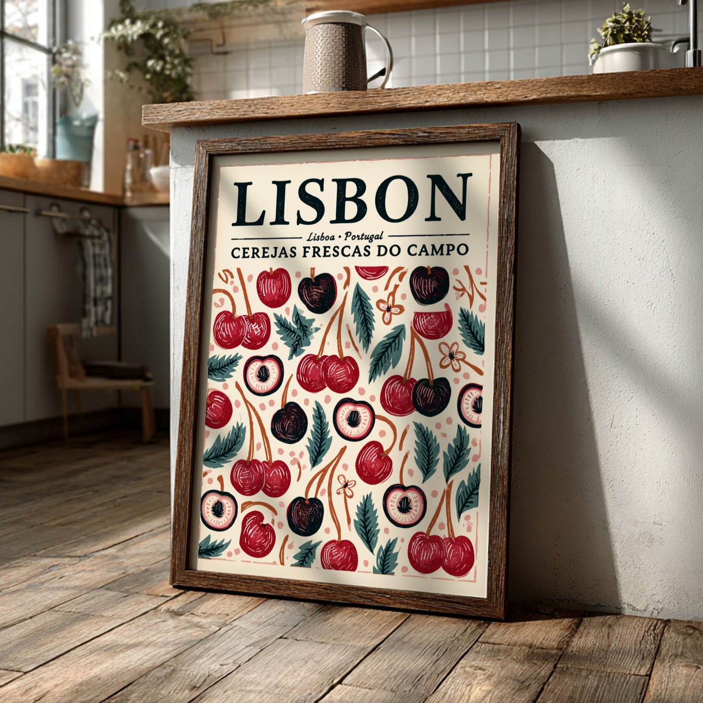 Kitchen poster featuring vibrant cherries and greenery in red and green colors.