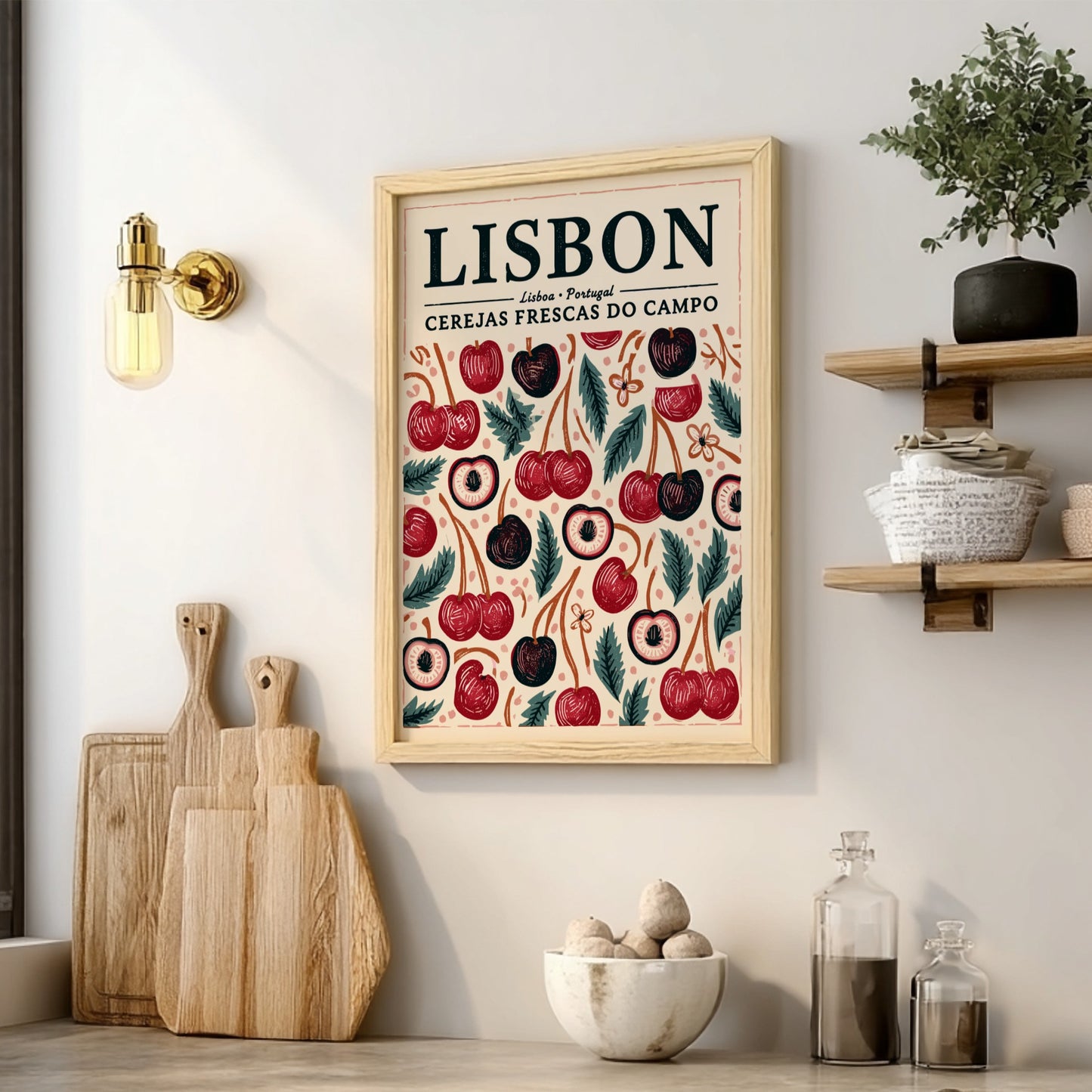 Kitchen poster featuring vibrant cherries and greenery in red and green colors.