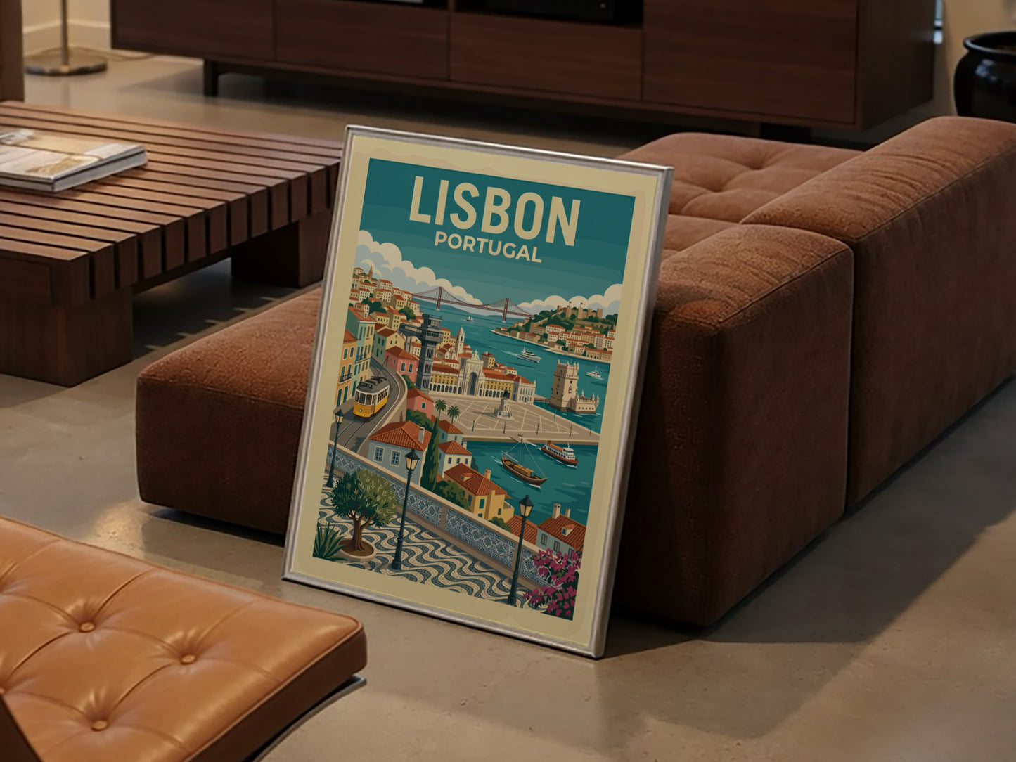 Lisbon travel poster featuring a vintage illustration of the city's waterfront, tram, and architecture.