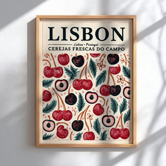 Kitchen poster featuring vibrant cherries and greenery in red and green colors.