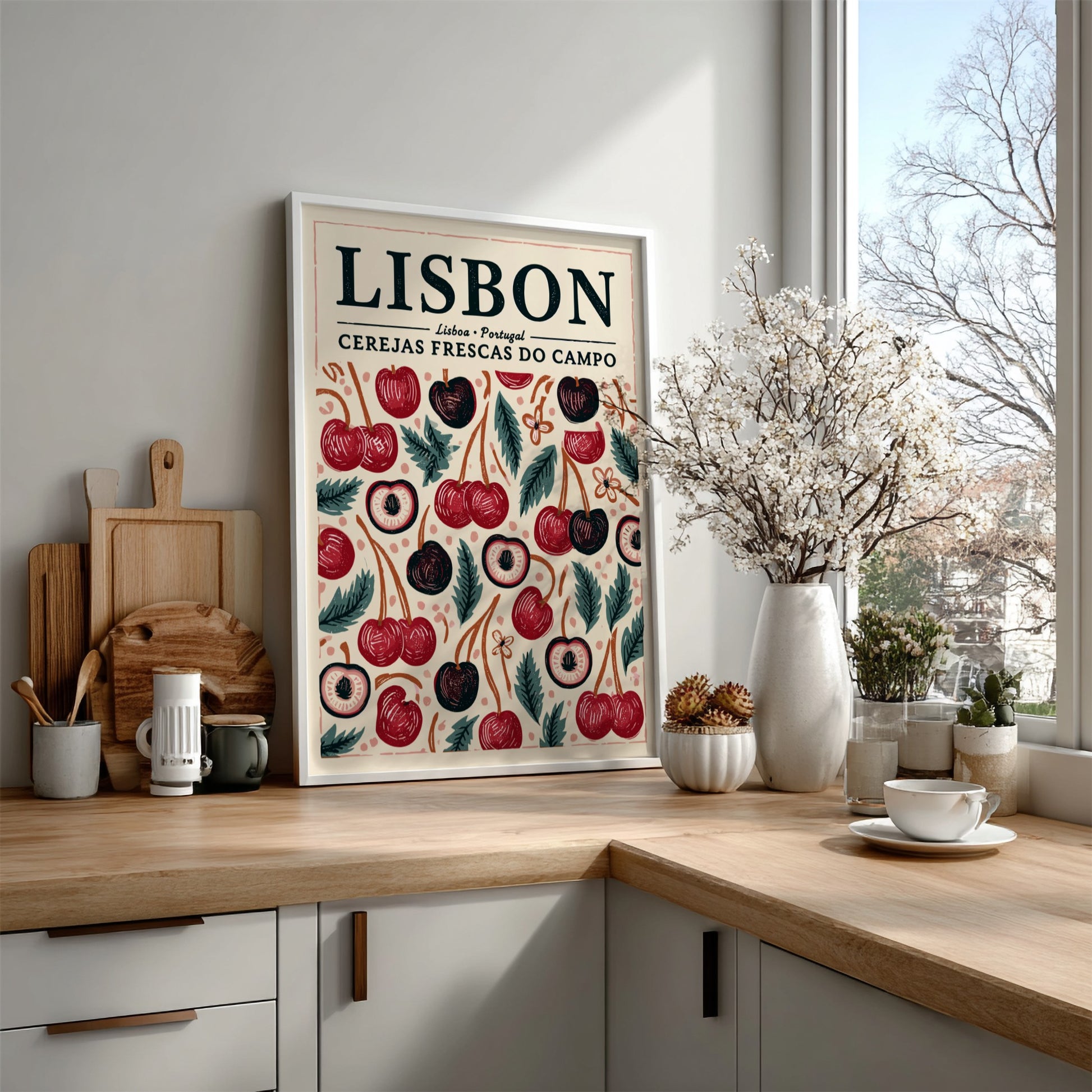 Kitchen poster featuring vibrant cherries and greenery in red and green colors.