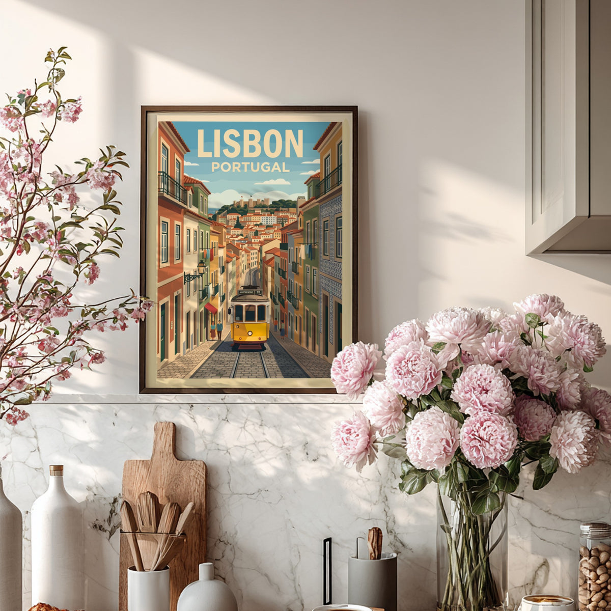 Lisbon Portugal travel poster featuring a yellow tram on a cobblestone street scene