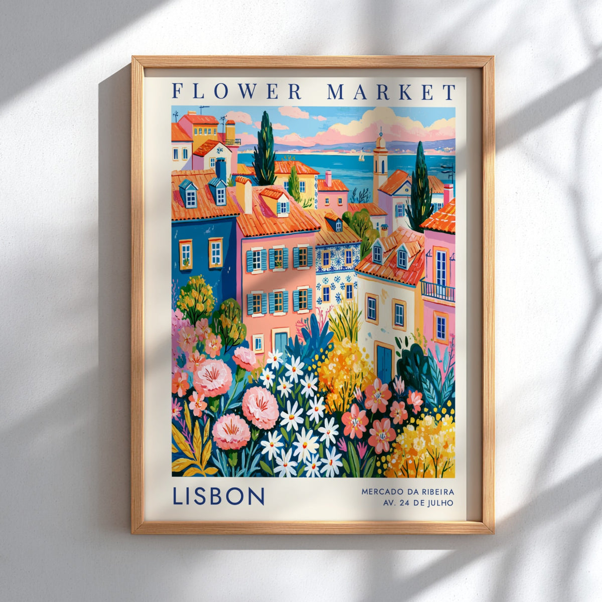 Vibrant flower market poster featuring colorful buildings and flowers in Lisbon