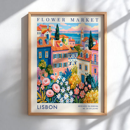 Vibrant flower market poster featuring colorful buildings and flowers in Lisbon